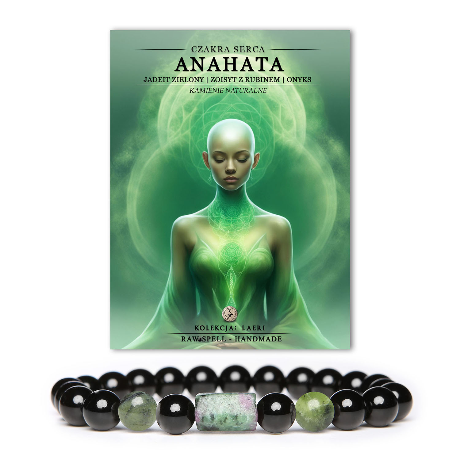 Bransoletka Anahata z naturalnych kamieni: zielony jadeit, zoisyt z rubinem i onyks, harmonizująca dla czakry serca w kolekcji Laeri