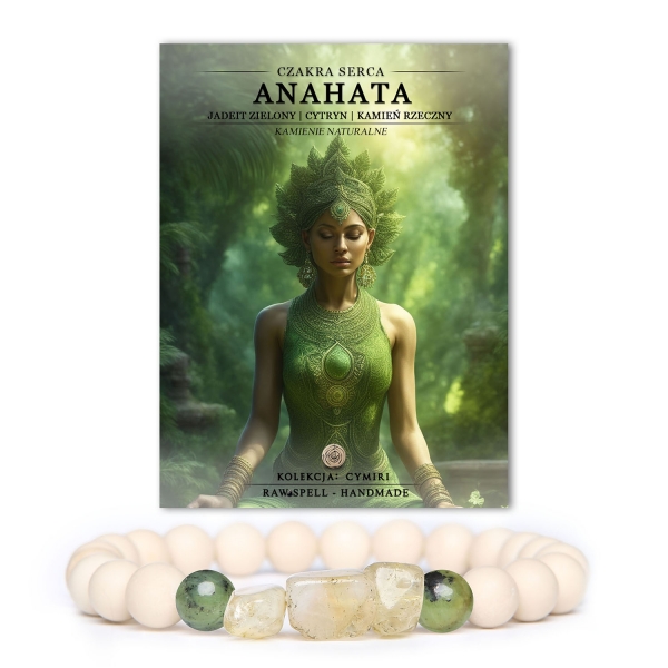 Bransoletka z naturalnych kamieni, łącząca czakrę serca Anahata oraz jadeit zielony, z dodatkiem cytrynu i kamienia rzecznego w kolekcji Cymiri.