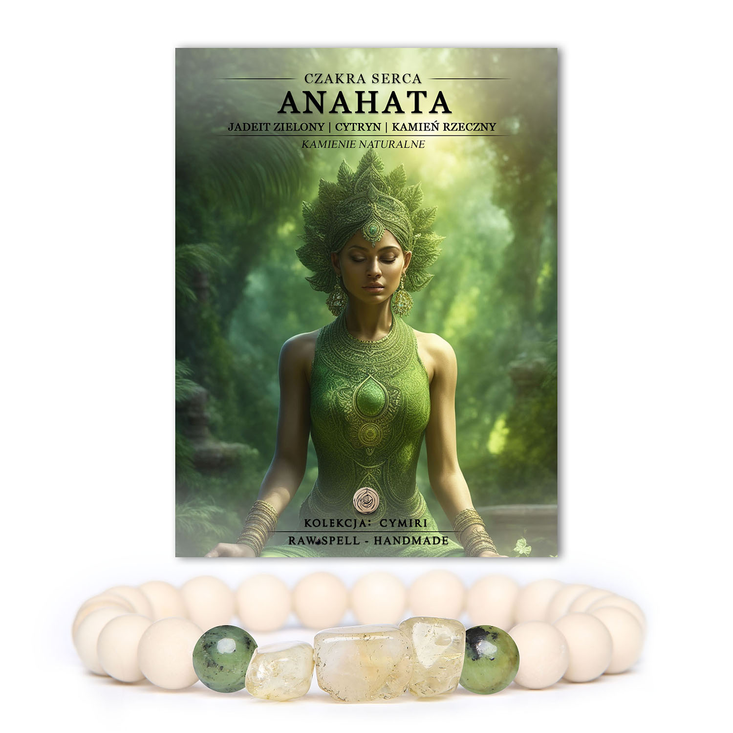 Bransoletka z naturalnych kamieni, łącząca czakrę serca Anahata oraz jadeit zielony, z dodatkiem cytrynu i kamienia rzecznego w kolekcji Cymiri.