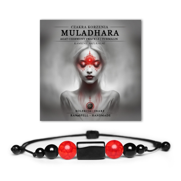 Bransoletka z naturalnych kamieni, łącząca czakrę korzenia Muladhara z agatem czerwonym crackle oraz turmalinem, dostępna w kolekcji Inare.