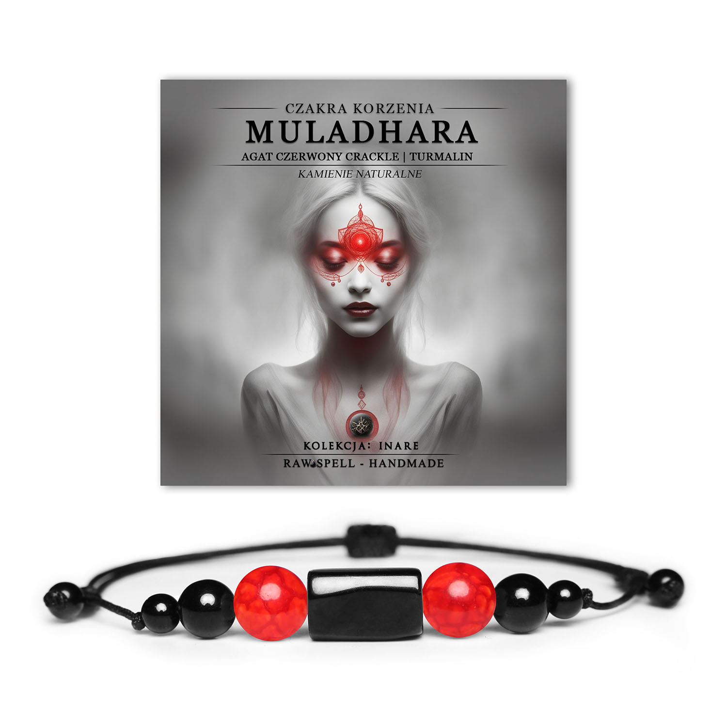Bransoletka z naturalnych kamieni, łącząca czakrę korzenia Muladhara z agatem czerwonym crackle oraz turmalinem, dostępna w kolekcji Inare.
