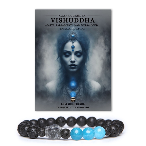 Kolekcja Derdr: Bransoletka z lawy wulkanicznej i kamieni naturalnych, wspierająca harmonię i wyrażanie siebie poprzez czakrę gardła.