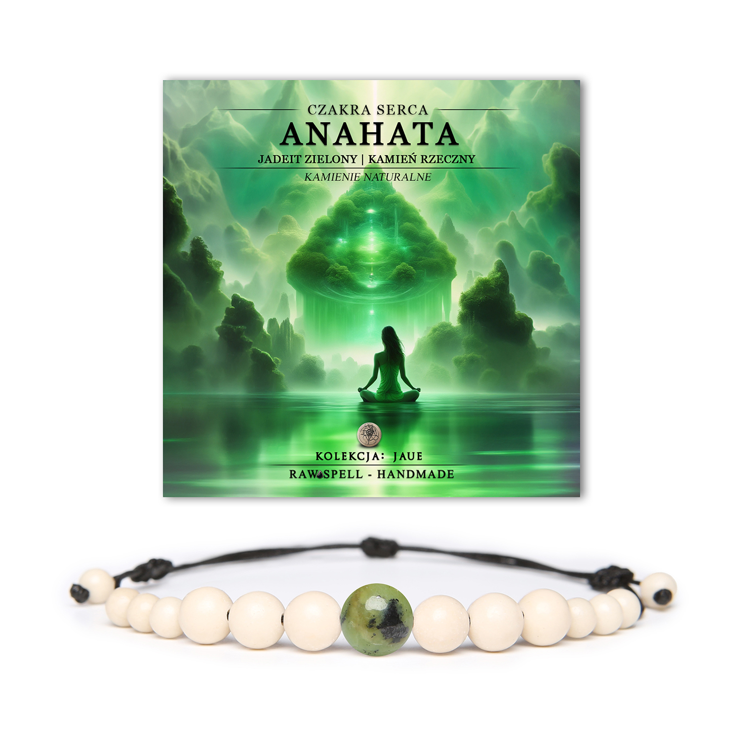 Bransoletka z naturalnych kamieni: zielony jadeit i kamień rzeczny, symbolizująca czakrę serca Anahata, z kolekcji Jaue.