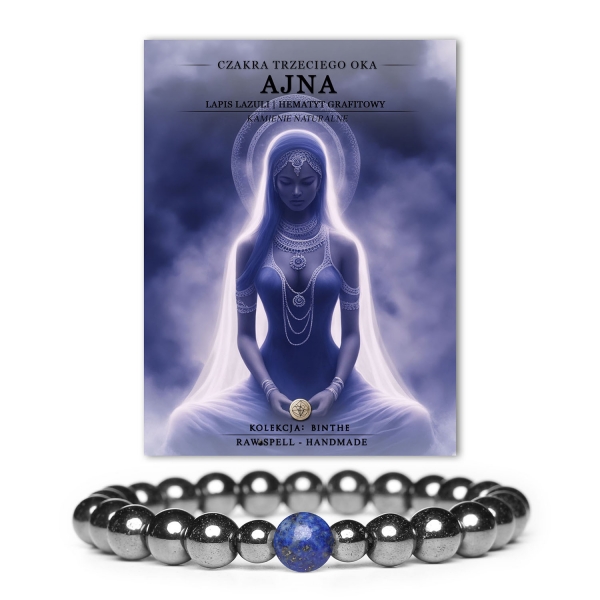 Stylowa bransoletka z naturalnych kamieni, łącząca czakrę trzeciego oka Ajna z lapis lazuli i hematytem grafitowym, z kolekcji Binthe.