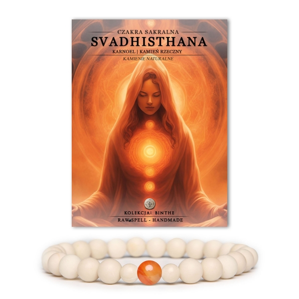 Bransoletka z naturalnych kamieni w kolorze pomarańczowym z czakrą sakralną Svadhisthan i karneolem, z kolekcji Binthe.