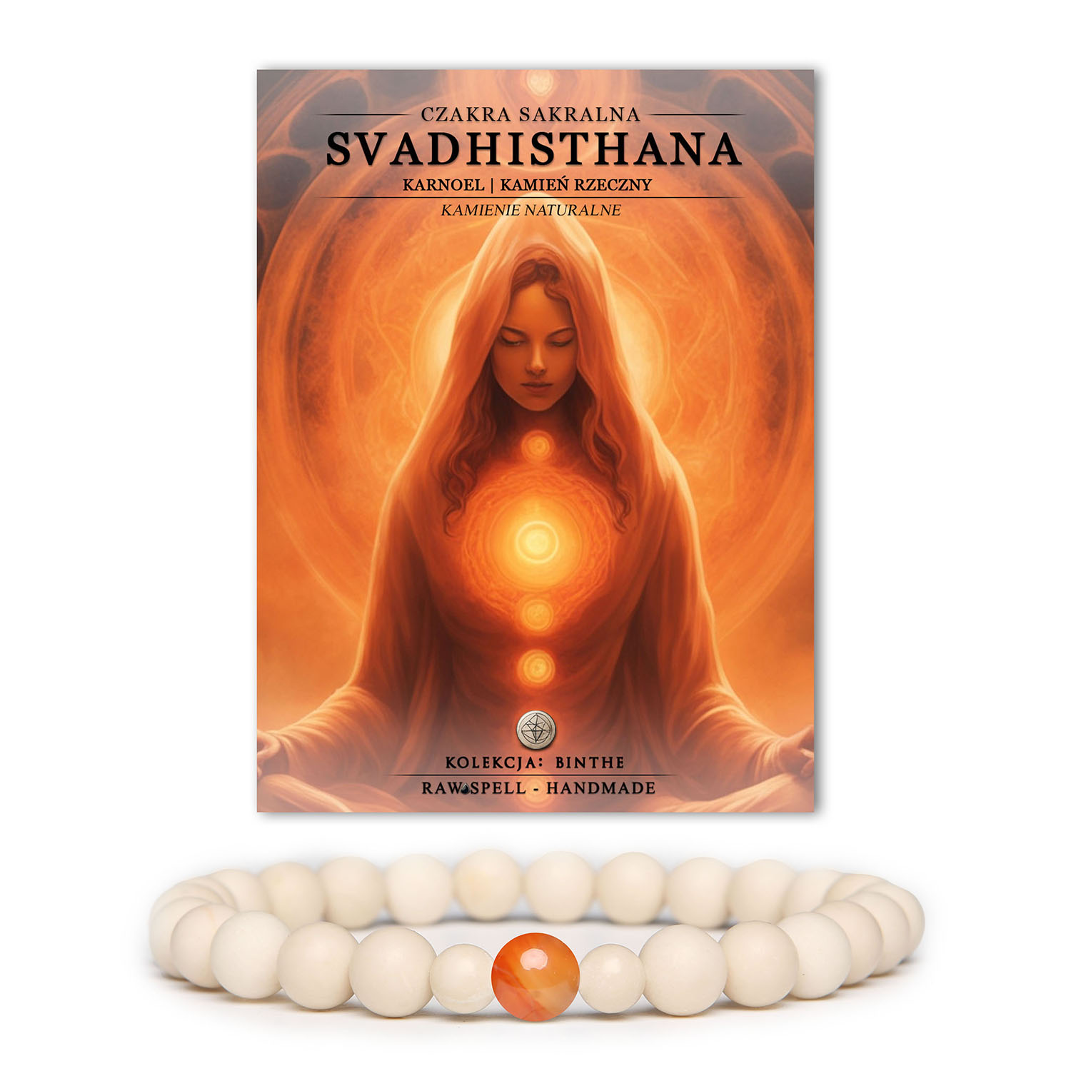 Bransoletka z naturalnych kamieni w kolorze pomarańczowym z czakrą sakralną Svadhisthan i karneolem, z kolekcji Binthe.