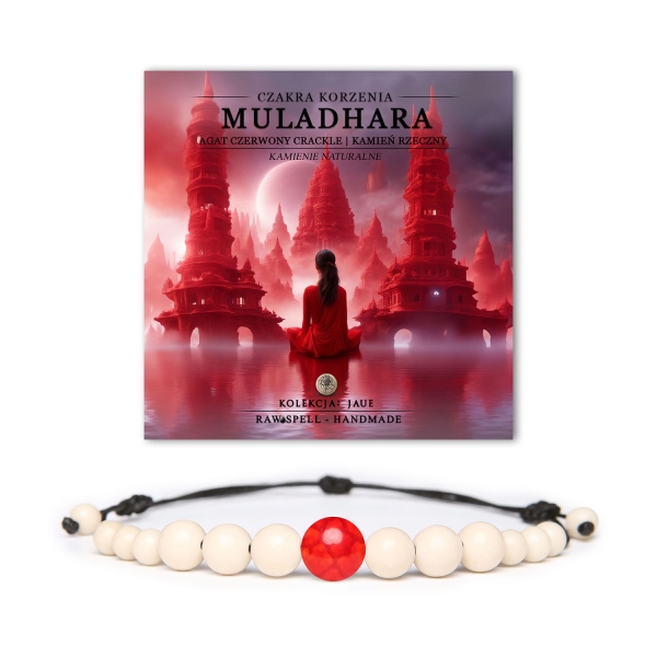 Bransoletka z naturalnych kamieni, łącząca czakrę korzenia Muladhara z agatami czerwonymi crackle. Idealna do medytacji i harmonizacji energii.