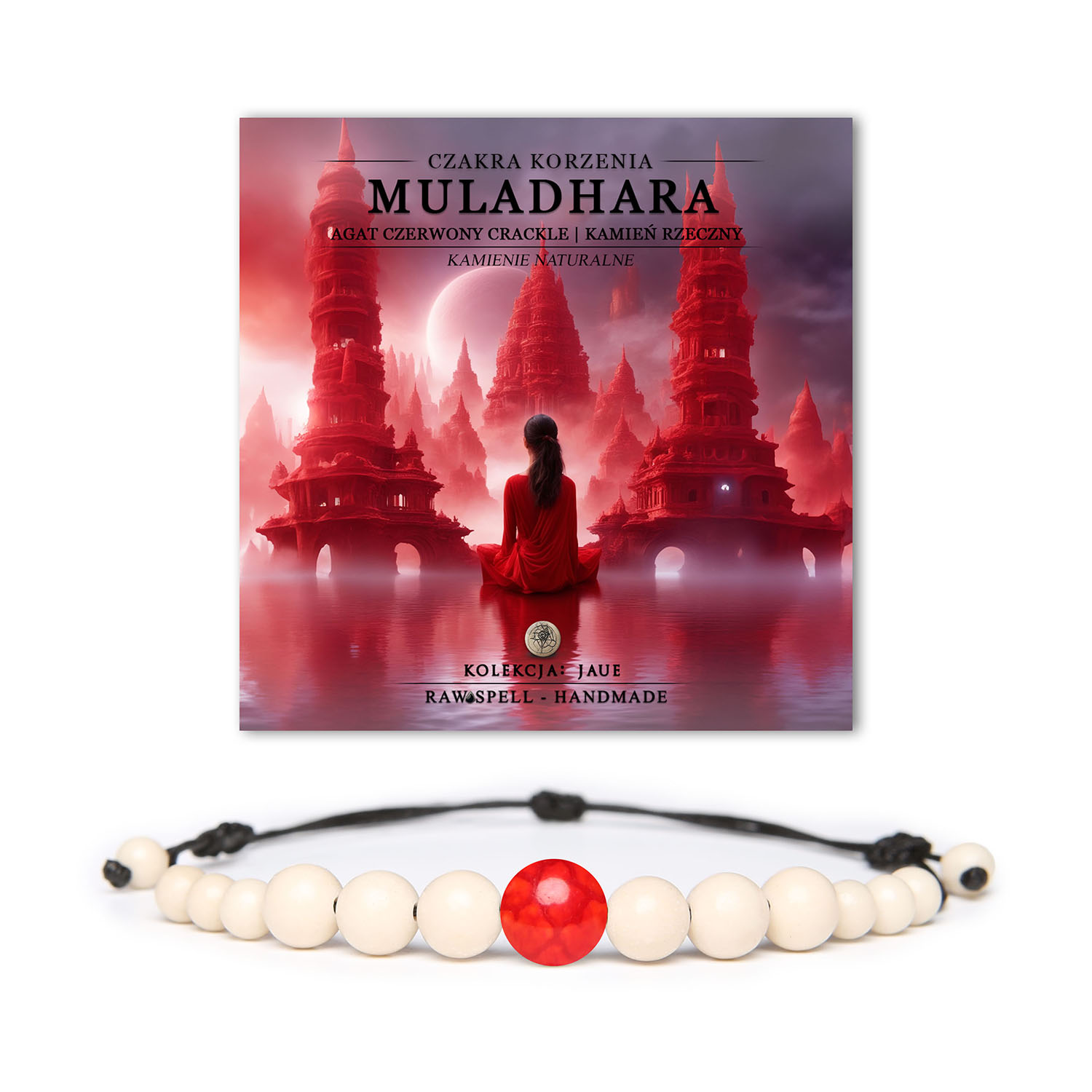 Bransoletka z naturalnych kamieni, łącząca czakrę korzenia Muladhara z agatami czerwonymi crackle. Idealna do medytacji i harmonizacji energii.