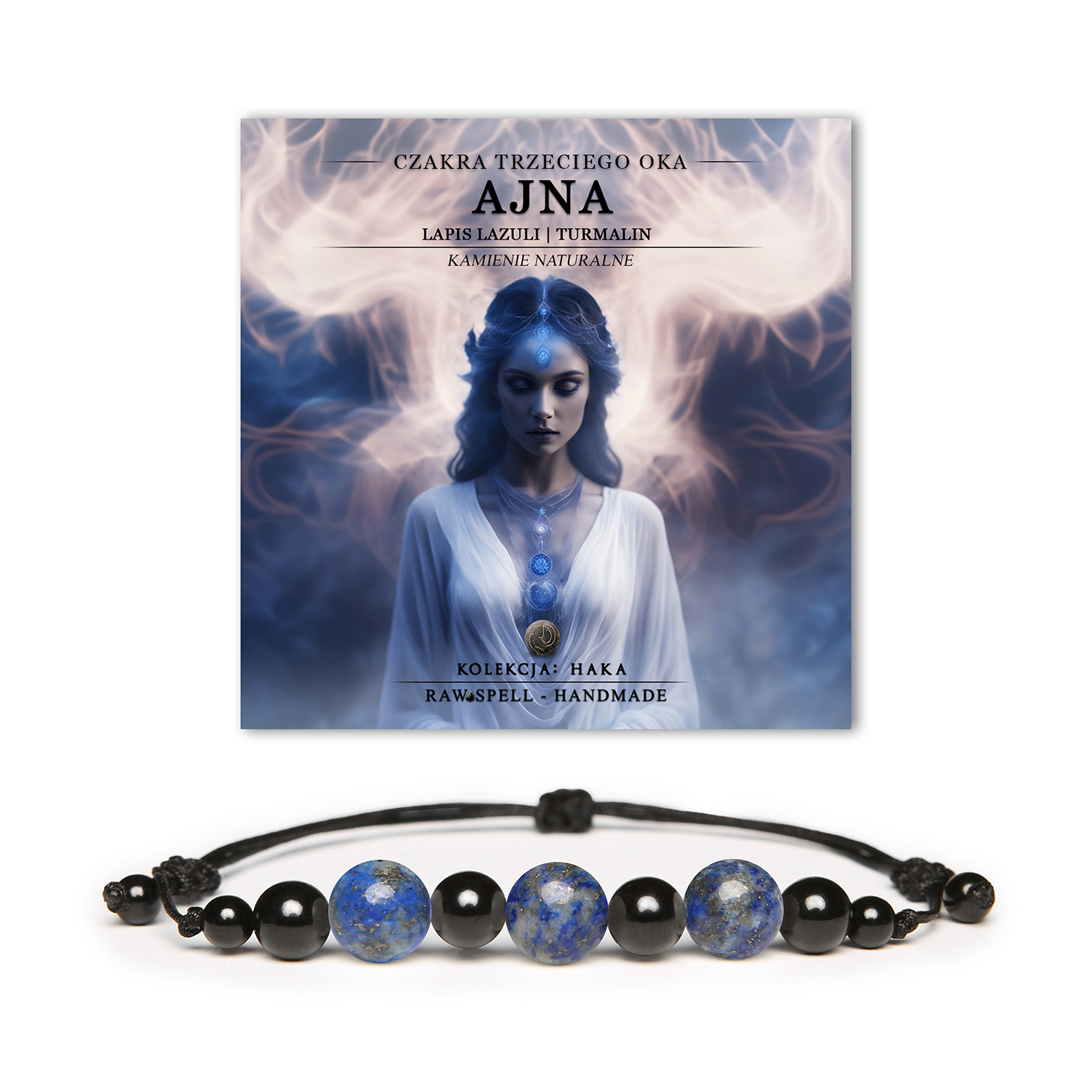 Bransoletka z naturalnych kamieni, łącząca moc czakry trzeciego oka Ajna oraz Lapis Lazuli, z dodatkiem turmalinu. Kolekcja Haka.
