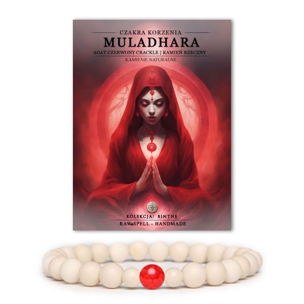Bransoletka z czerwonym agatowym kamieniem crackle, symbolizująca czakrę korzenia Muladhara, stworzona z naturalnych kamieni w kolekcji Binthe.