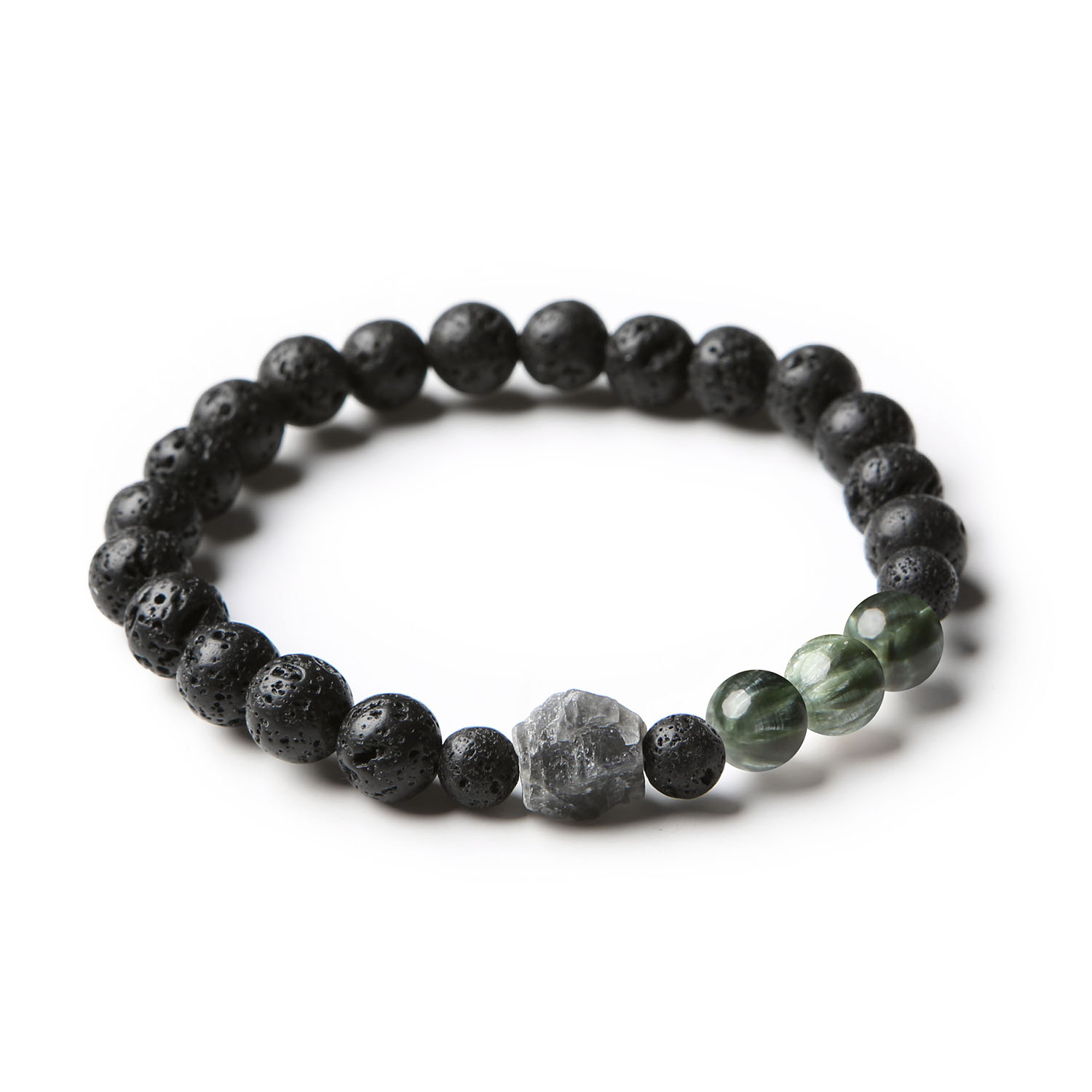 Stylowa bransoletka Derdr wykonana z serafinitu, labradorytu i lawy wulkanicznej, idealna dla osób ceniących naturalne kamienie.