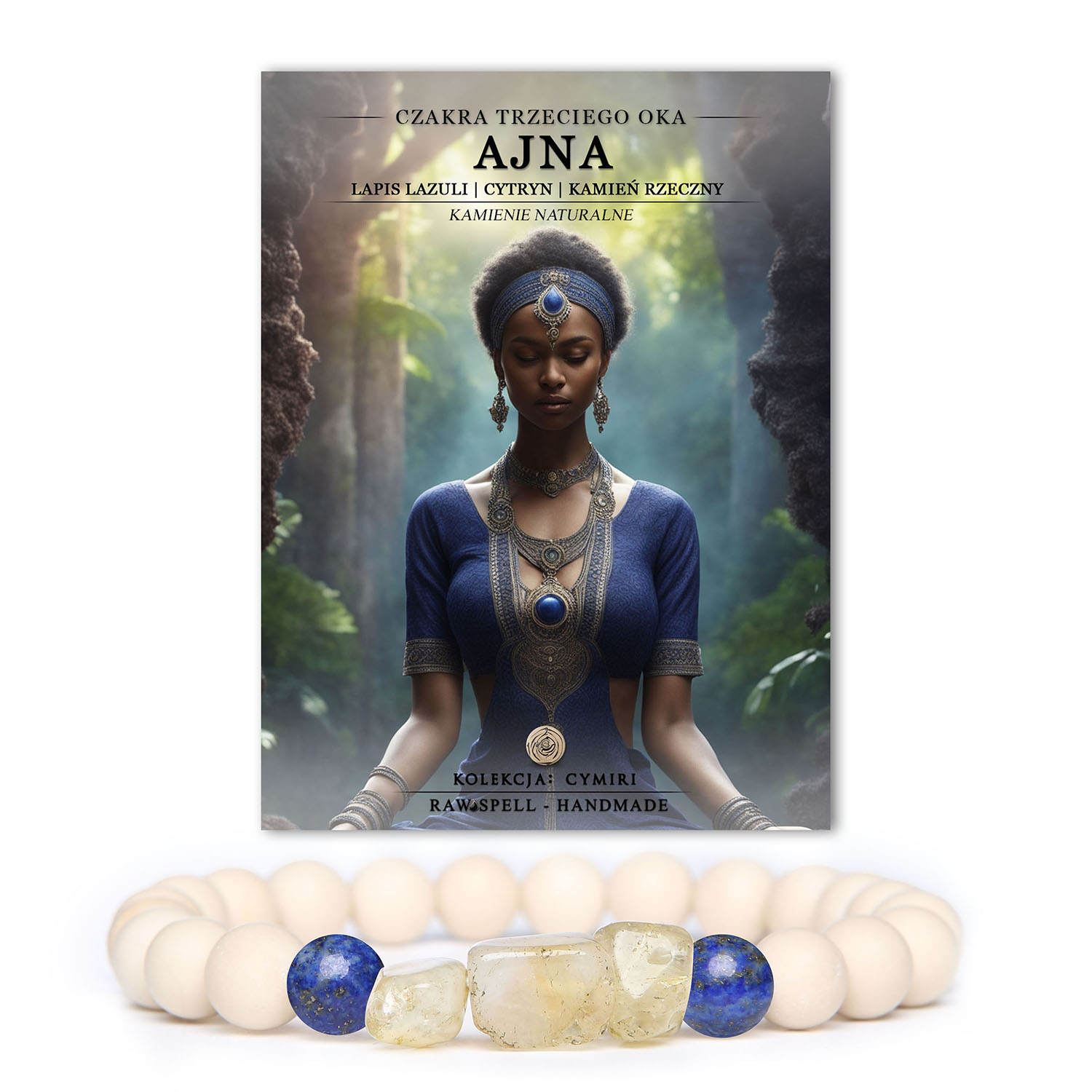 Bransoletka z kamieni naturalnych w kolorze niebieskim i żółtym, zawierająca Lapis Lazuli oraz Cytryn, symbolizująca czakrę trzeciego oka Ajna.