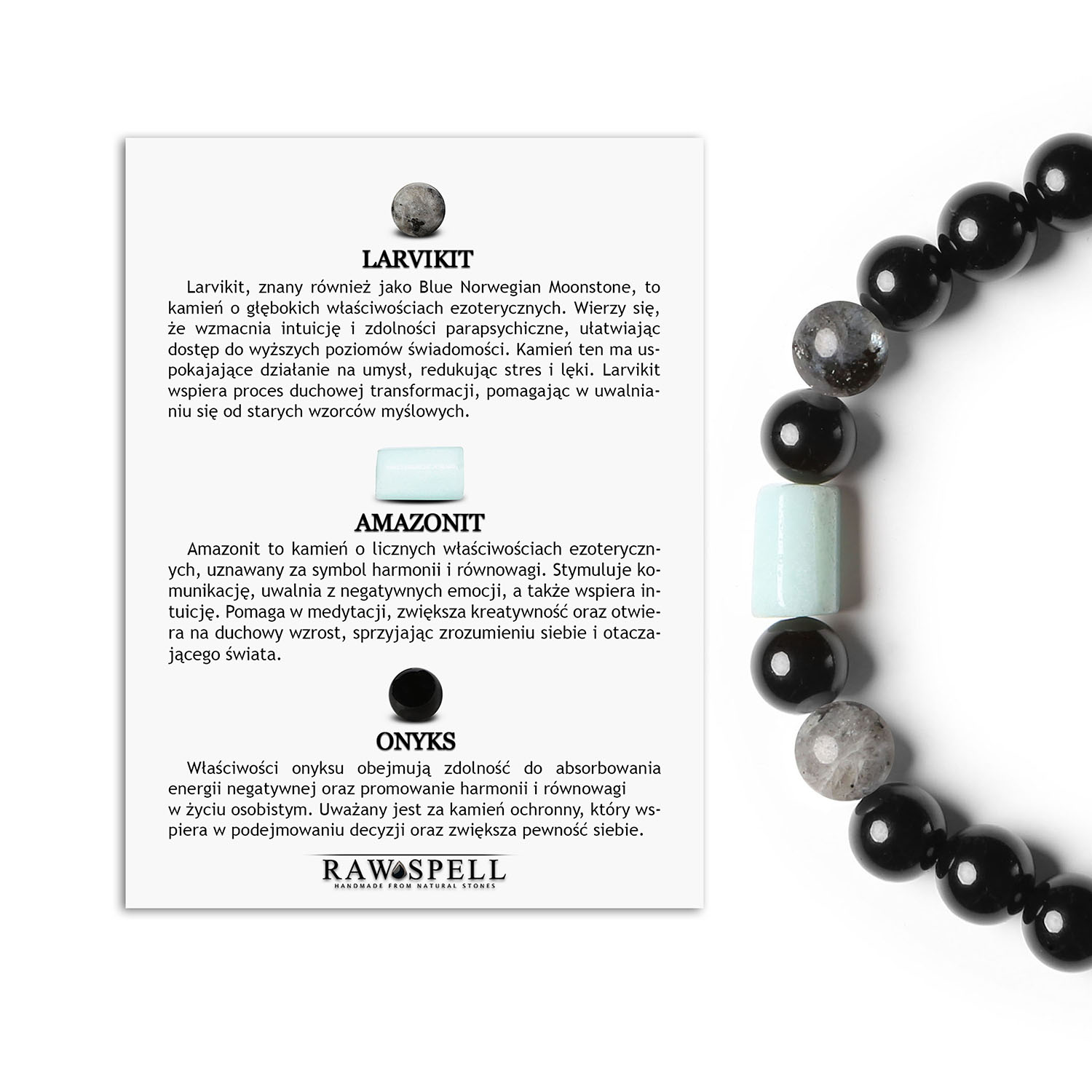 Elegancka bransoletka z kolekcji Laeri na gumce z larvikitem, amazonitem i onyksem dla kobiet i mężczyzn Bransoletka Laeri wykonana z kamieni naturalnych: larvikit, amazonit oraz onyks – unikalny wybór dla mężczyzn i kobiet.