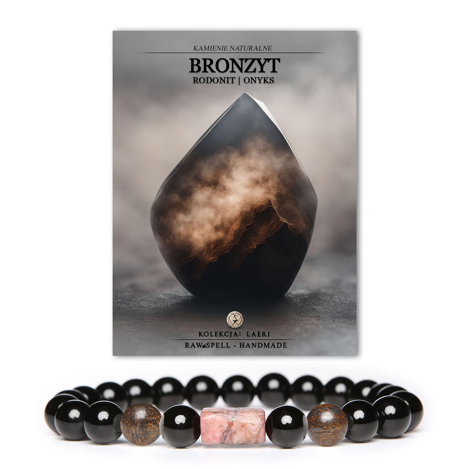 Bransoletka z kolekcji Laeri z bronzytem, różowym rodonitem i onyksowym wykończeniem – idealna dla kobiet i mężczyzn.