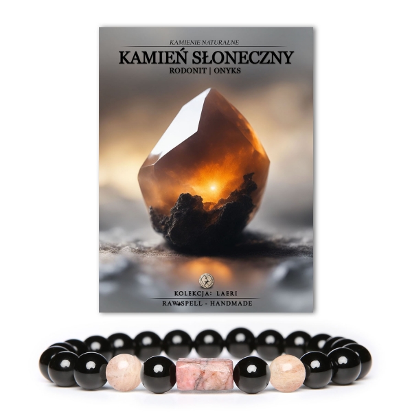 Bransoletka Laeri z naturalnymi kamieniami, w tym Słonecznym Kamieniem, różowym rodonitem i onyks, dostępna dla kobiet i mężczyzn.