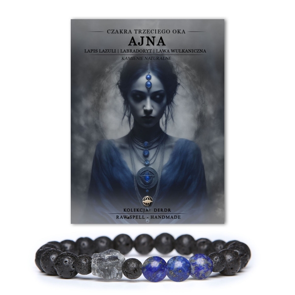 Bransoletka z naturalnych kamieni, łącząca czakrę trzeciego oka Ajna z lapis lazuli, labradorytem i lawą wulkaniczną z kolekcji Derdr