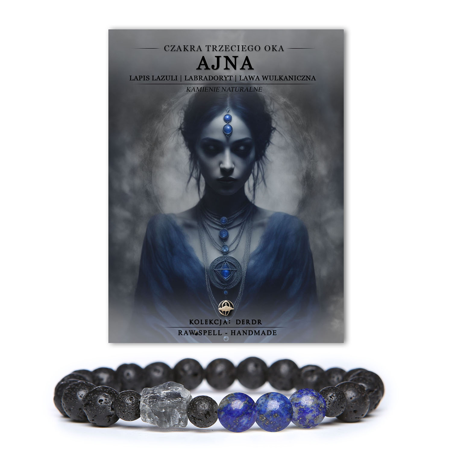 Bransoletka z naturalnych kamieni, łącząca czakrę trzeciego oka Ajna z lapis lazuli, labradorytem i lawą wulkaniczną z kolekcji Derdr