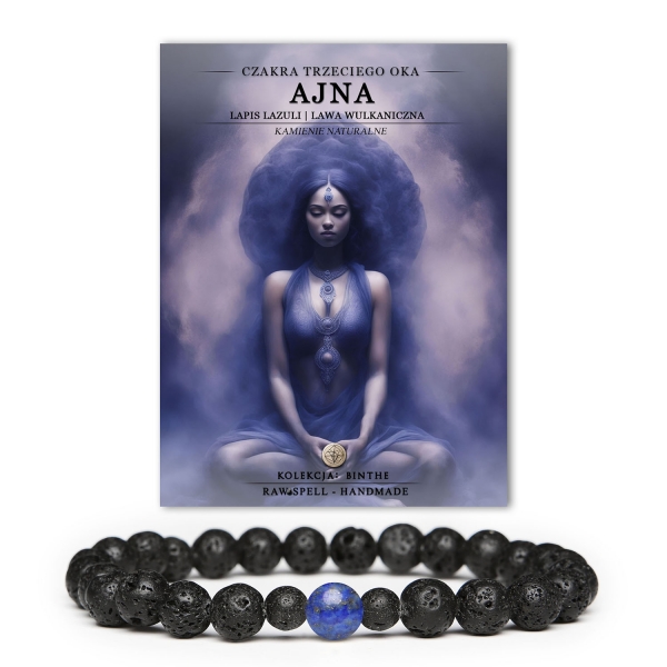 Bransoletka z naturalnych kamieni, w tym lapis lazuli, nawiązująca do czakry trzeciego oka Ajna z elementami lawy wulkanicznej.