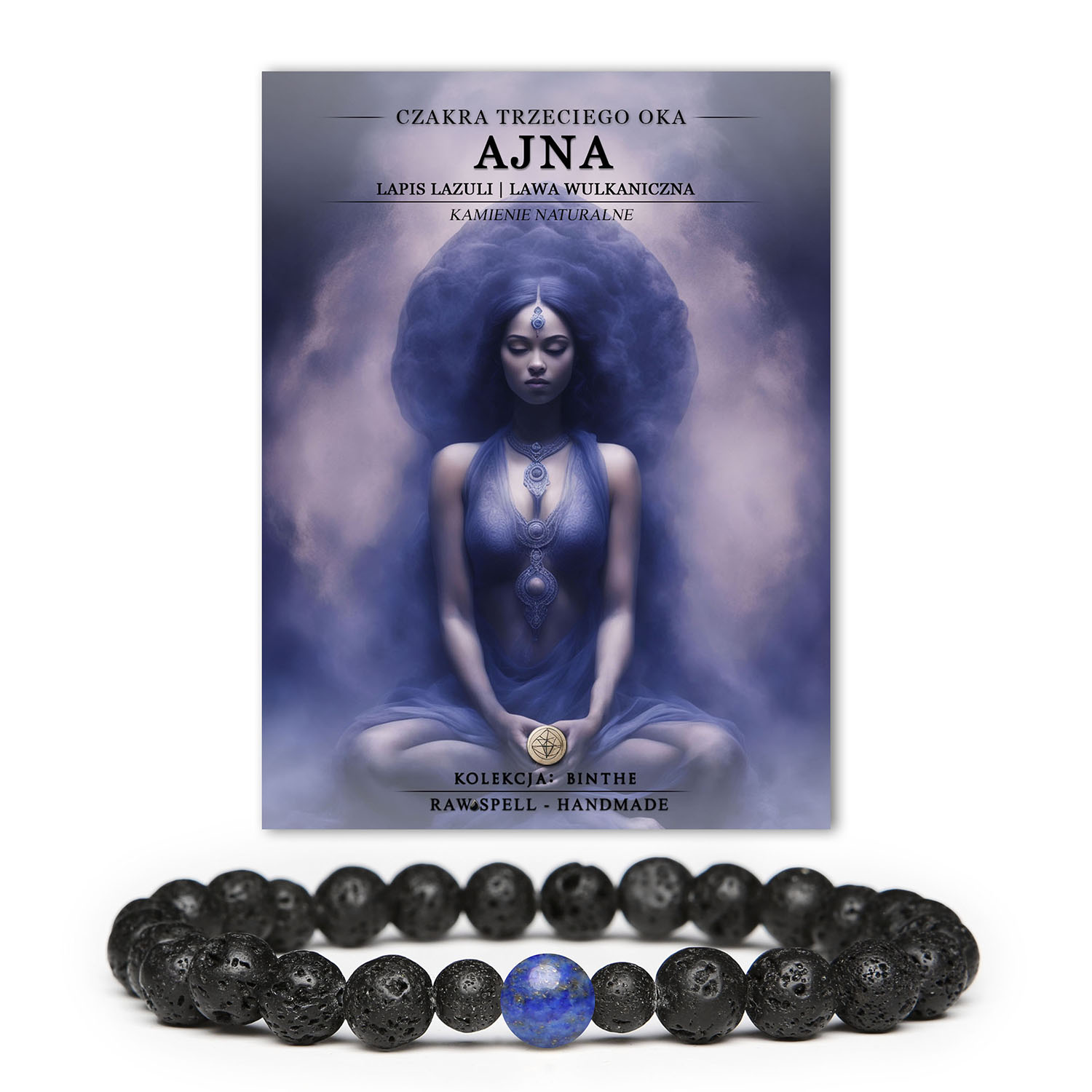 Bransoletka z naturalnych kamieni, w tym lapis lazuli, nawiązująca do czakry trzeciego oka Ajna z elementami lawy wulkanicznej.