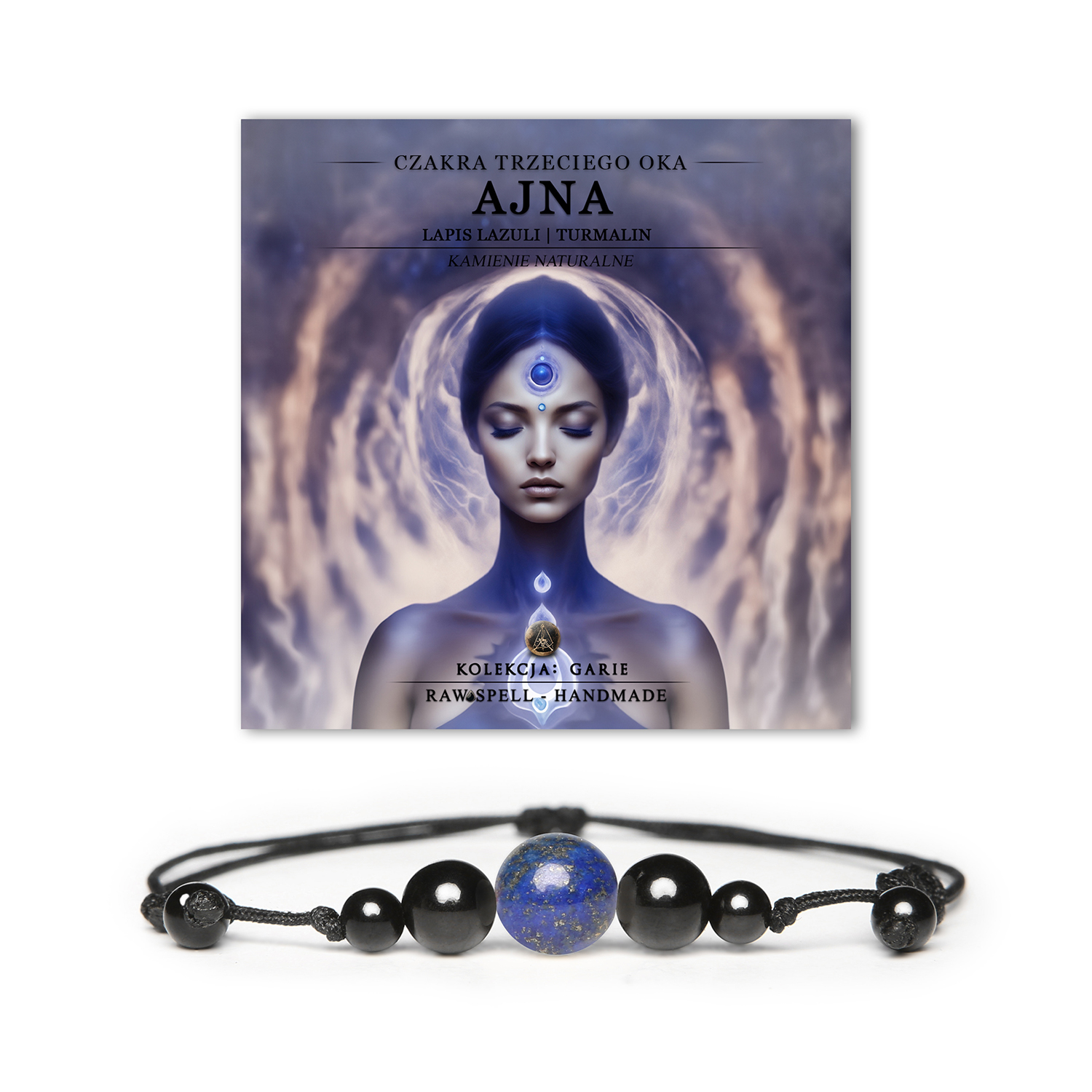 Bransoletka z naturalnych kamieni, w tym lapis lazuli i turmalinu, symbolizująca czakrę trzeciego oka Ajna z kolekcji Garie.