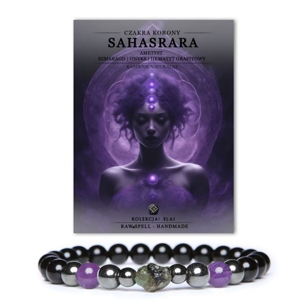 Bransoletka z naturalnych kamieni, w skład której wchodzą ametyst oraz inne szlachetne kamienie, inspirowana czakrą korony Sahasrara.