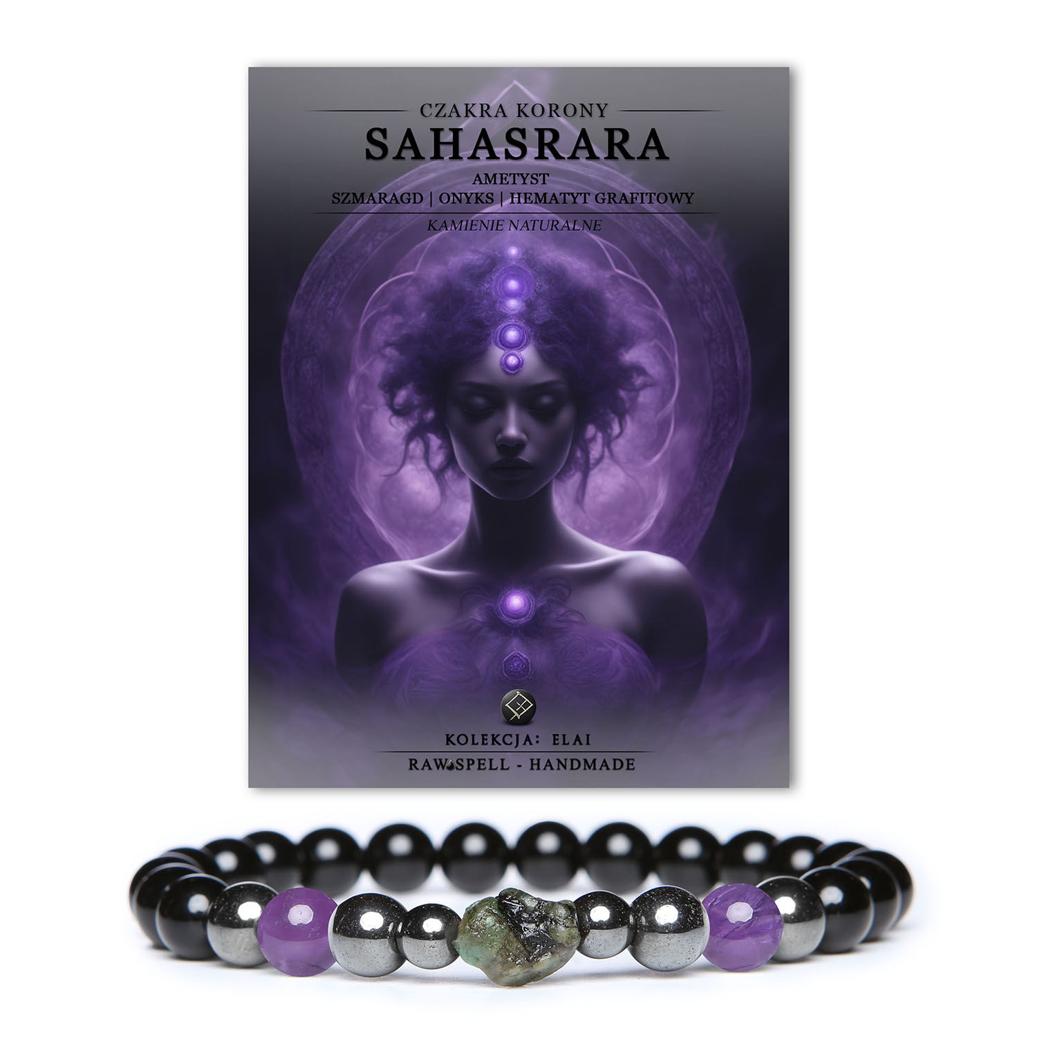 Bransoletka z naturalnych kamieni, w skład której wchodzą ametyst oraz inne szlachetne kamienie, inspirowana czakrą korony Sahasrara.