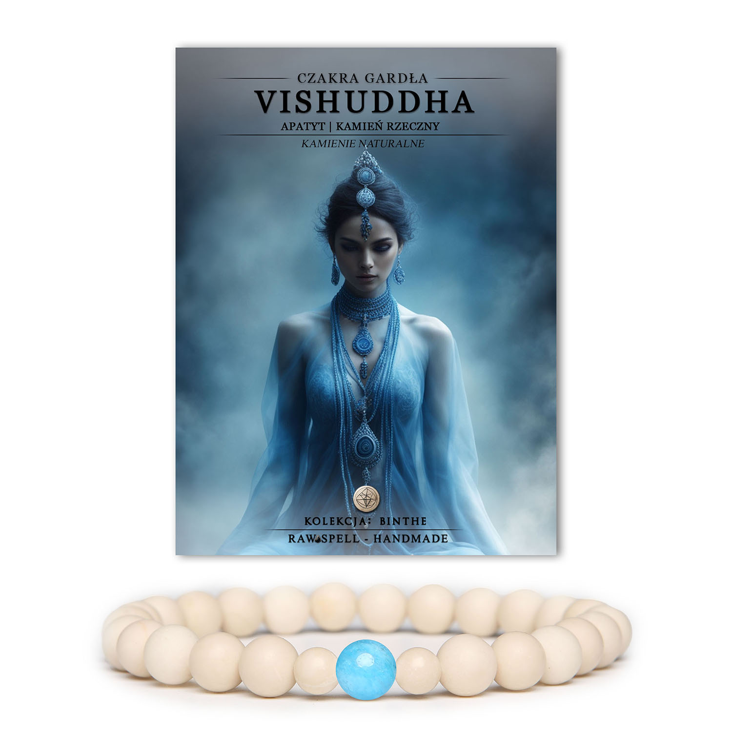 Bransoletka z naturalnych kamieni czakry gardła Vishuddh oraz apatytu, z delikatnym akcentem kamienia rzecznego, z kolekcji Binthe.