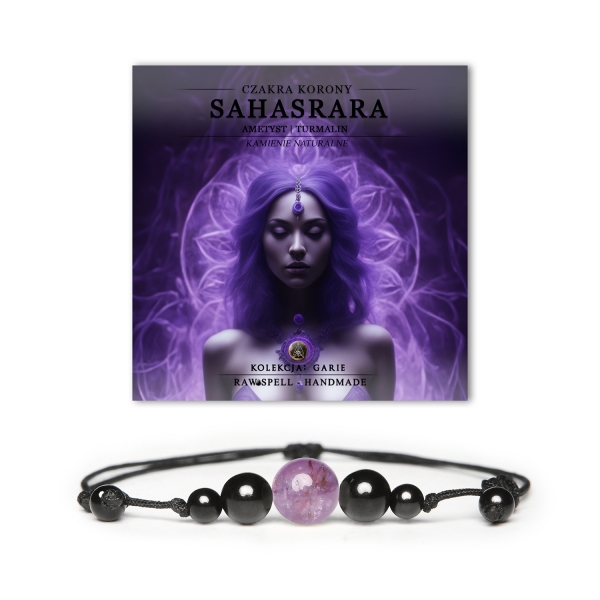 Ręcznie robiona bransoletka w kolorach ametystu i turmalinu, nawiązująca do czakry korony Sahasrara, dostępna w kolekcji Garie.