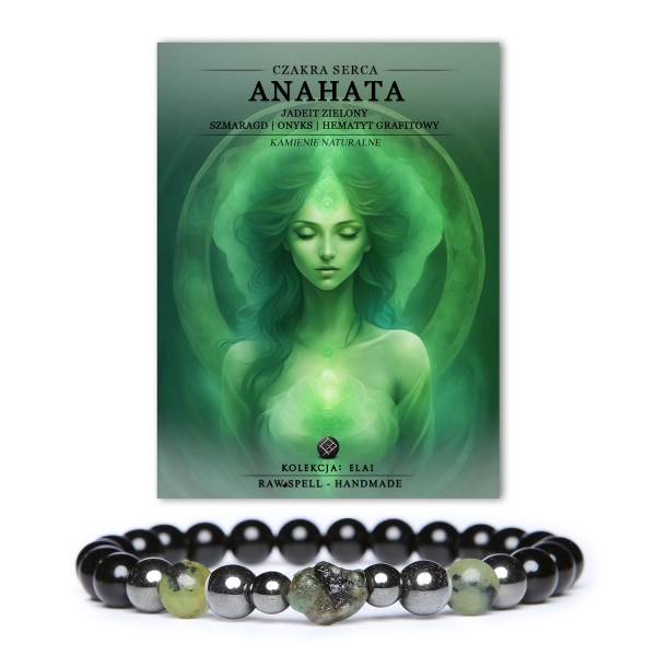 Bransoletka Anahata z zielonego jadeitu i szlachetnych kamieni, symbolizująca miłość i harmonię, idealna dla miłośników biżuterii naturalnej.