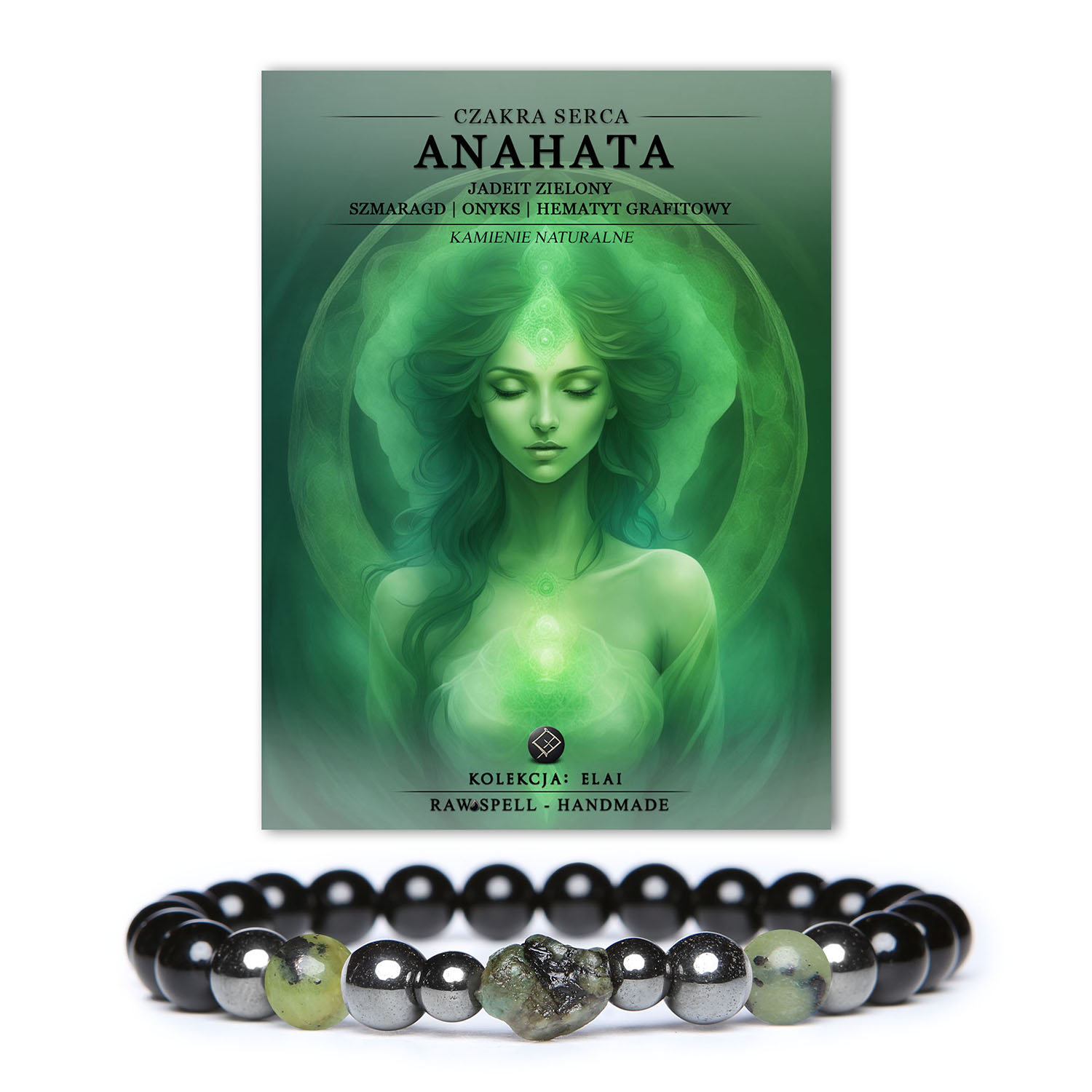 Bransoletka Anahata z zielonego jadeitu i szlachetnych kamieni, symbolizująca miłość i harmonię, idealna dla miłośników biżuterii naturalnej.
