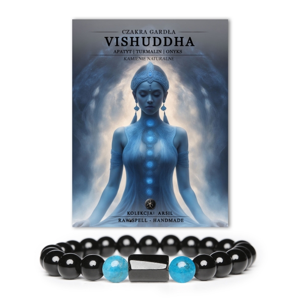 Stylowa bransoletka z kolekcji Arsil, ozdobiona turmalinem, onyksem oraz akcentami czakry gardła, idealna na każdą okazję.