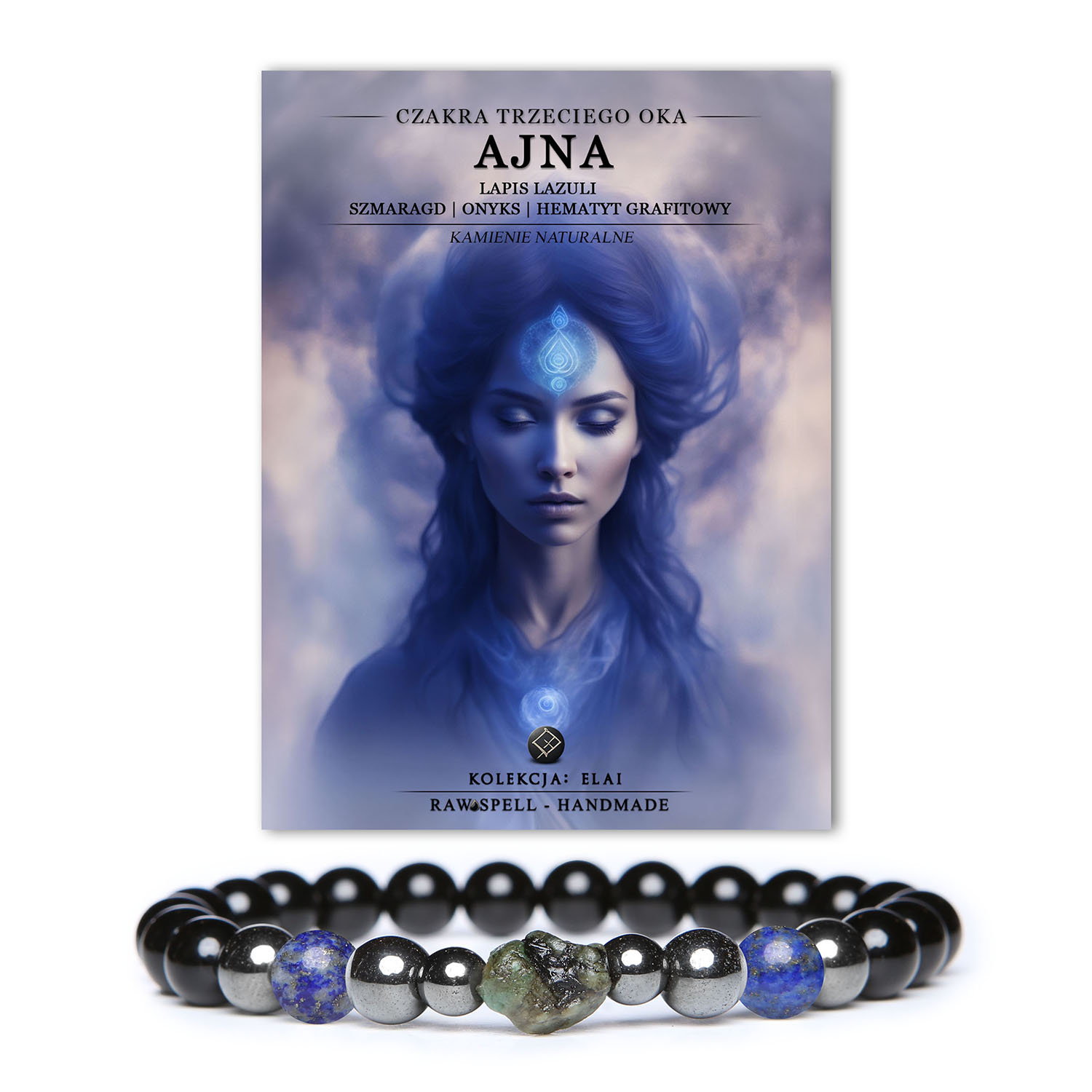 Bransoletka z kolekcji Elai, ozdobiona Szmaragdem, Onyksem i Hematytem Grafitowym, promująca harmonię i równowagę energetyczną.