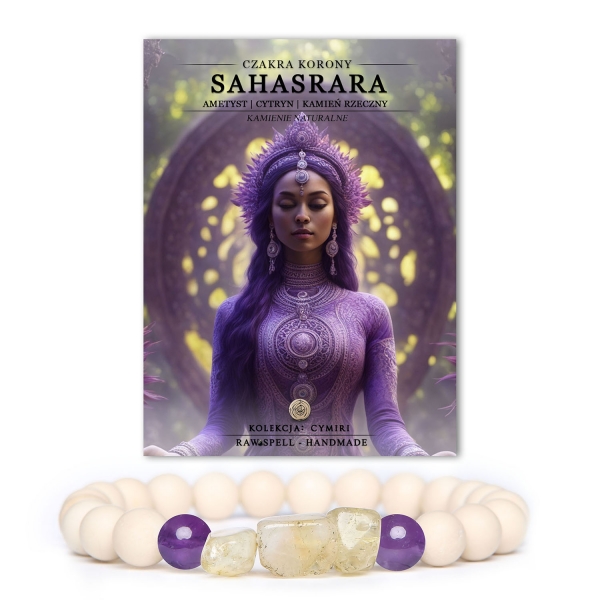 Bransoletka z kamieni naturalnych z ametystem i kamieniem rzecznym, inspirowana czakrą korony Sahasrara. Sprawdź kolekcję Cymiri.