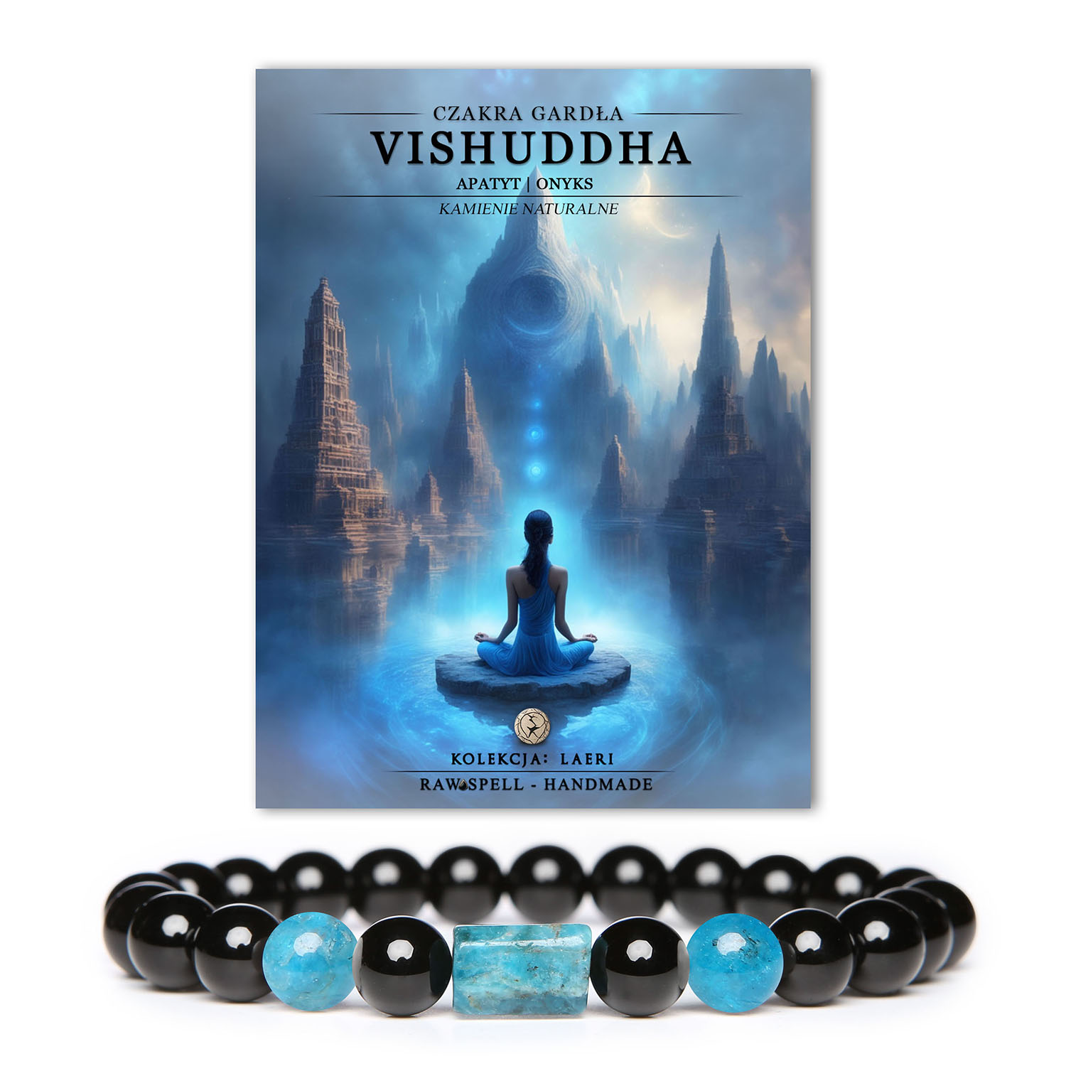 Bransoletka Laeri z kamieni naturalnych: apatyt i onyks. Wspiera otwartą komunikację dzięki energii czakry gardła Vishuddh.