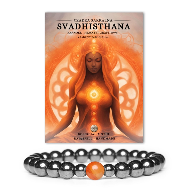Bransoletka z hematytu i karneolu, symbolizująca czakrę sakralną Svadhisthan, stanowiąca część unikalnej kolekcji Binthe z naturalnych kamieni.