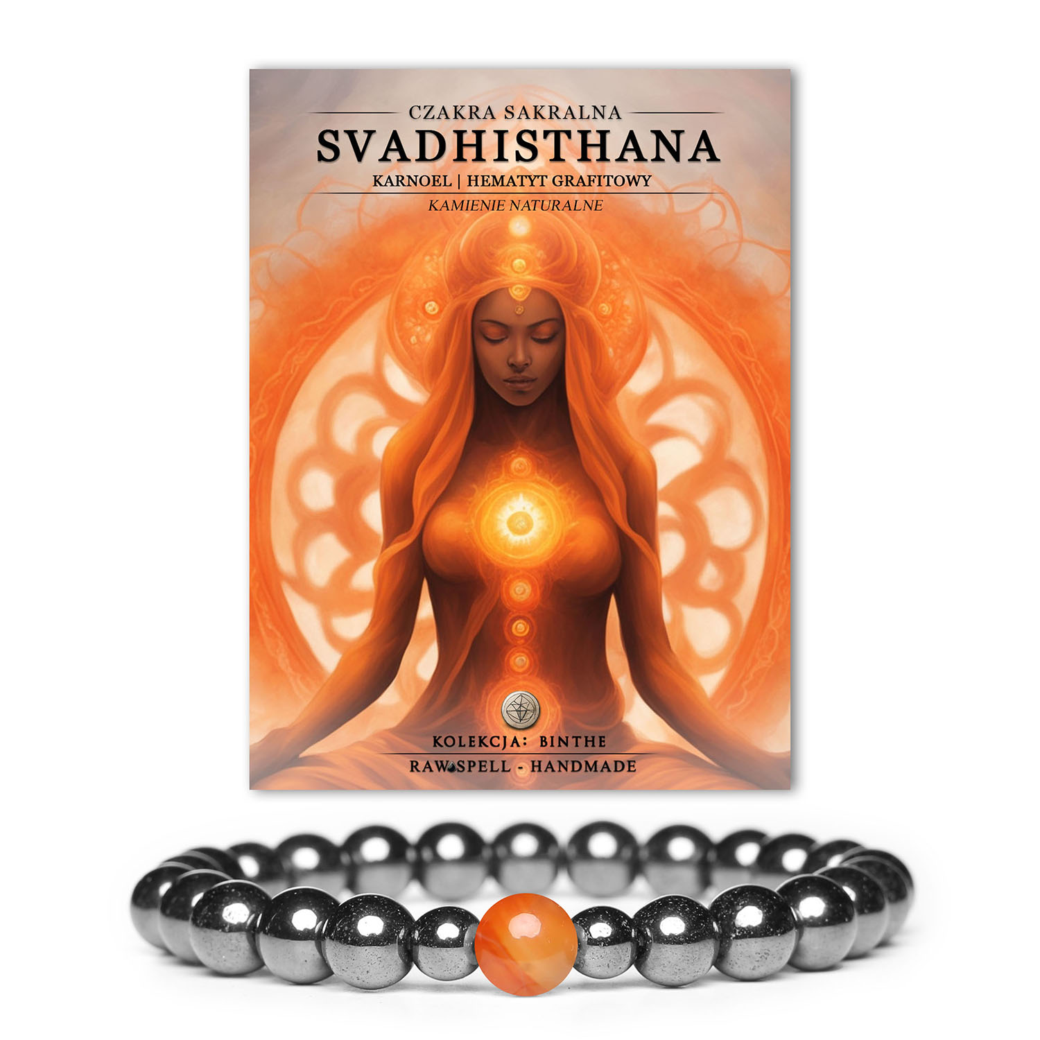 Bransoletka z hematytu i karneolu, symbolizująca czakrę sakralną Svadhisthan, stanowiąca część unikalnej kolekcji Binthe z naturalnych kamieni.