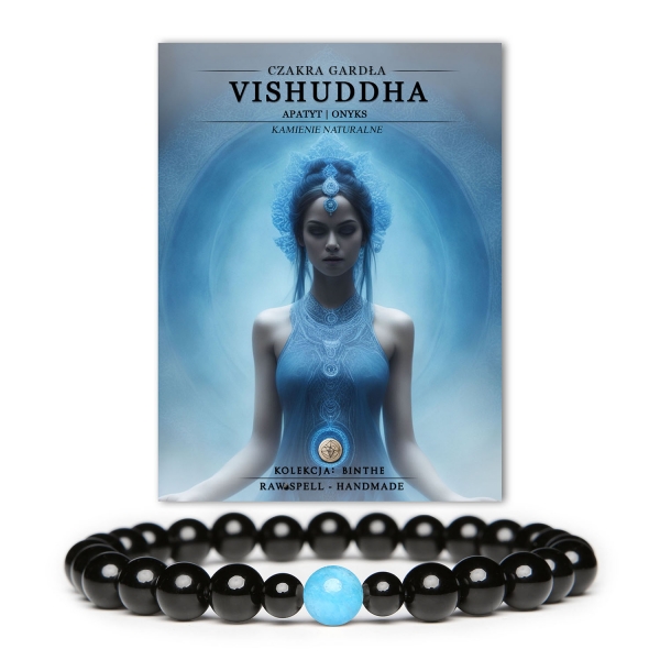 Bransoletka z naturalnych kamieni, czakra gardła Vishuddh i apatyt - kolekcja Binthe, promująca harmonię i wyraźny przekaz.