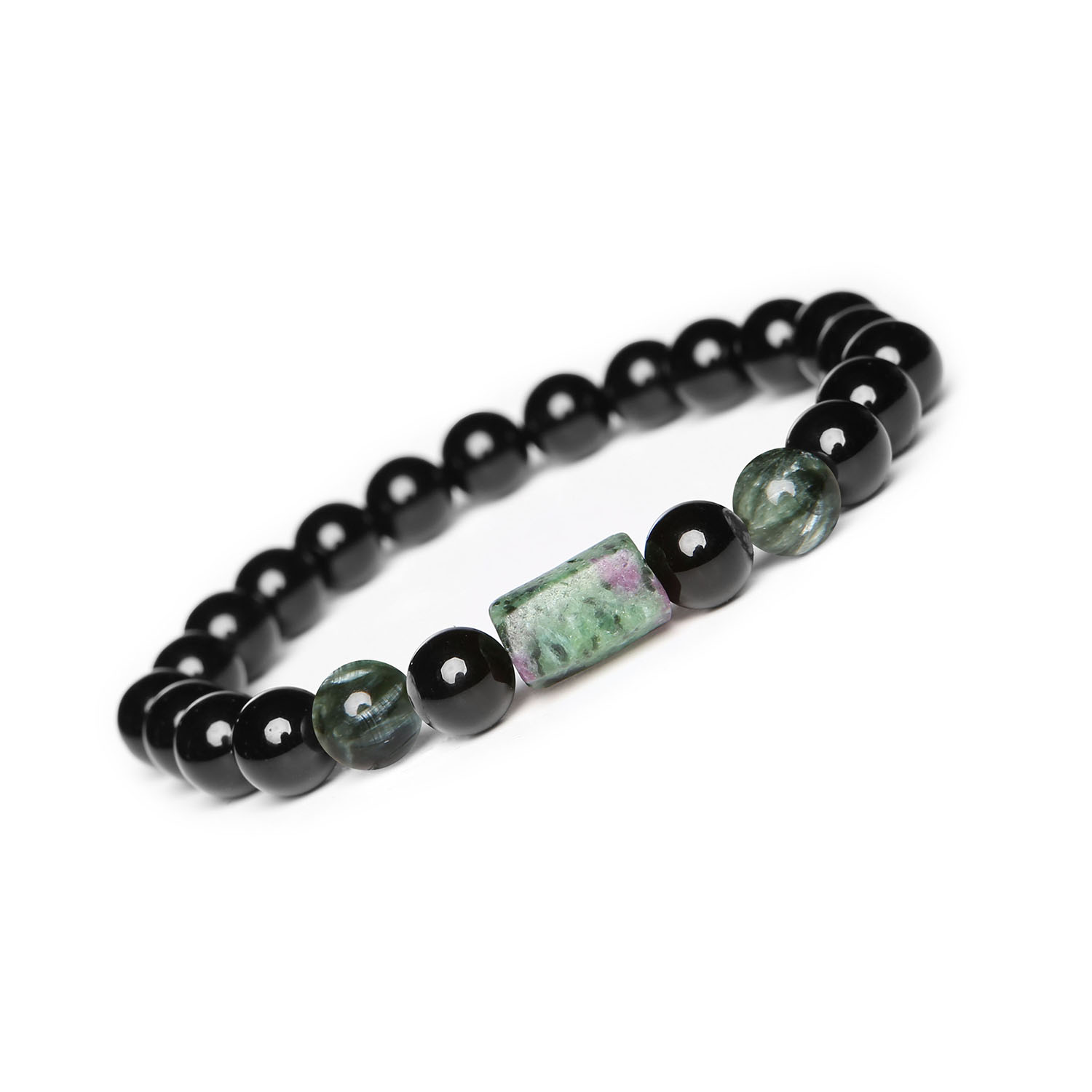 Elegancka bransoletka z serafinitu i zoisytu z rubinem, stworzona z myślą o kobietach i mężczyznach Stylowa bransoletka z kolekcji Laeri, zdobiona naturalnym serafinit, zoisyt z rubinem oraz onyks, dla każdego.