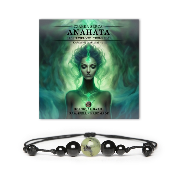 Bransoletka z naturalnych kamieni z czakrą serca Anahata, wykonana z zielonego jadeitu i turmalinu, z kolekcji Garie.