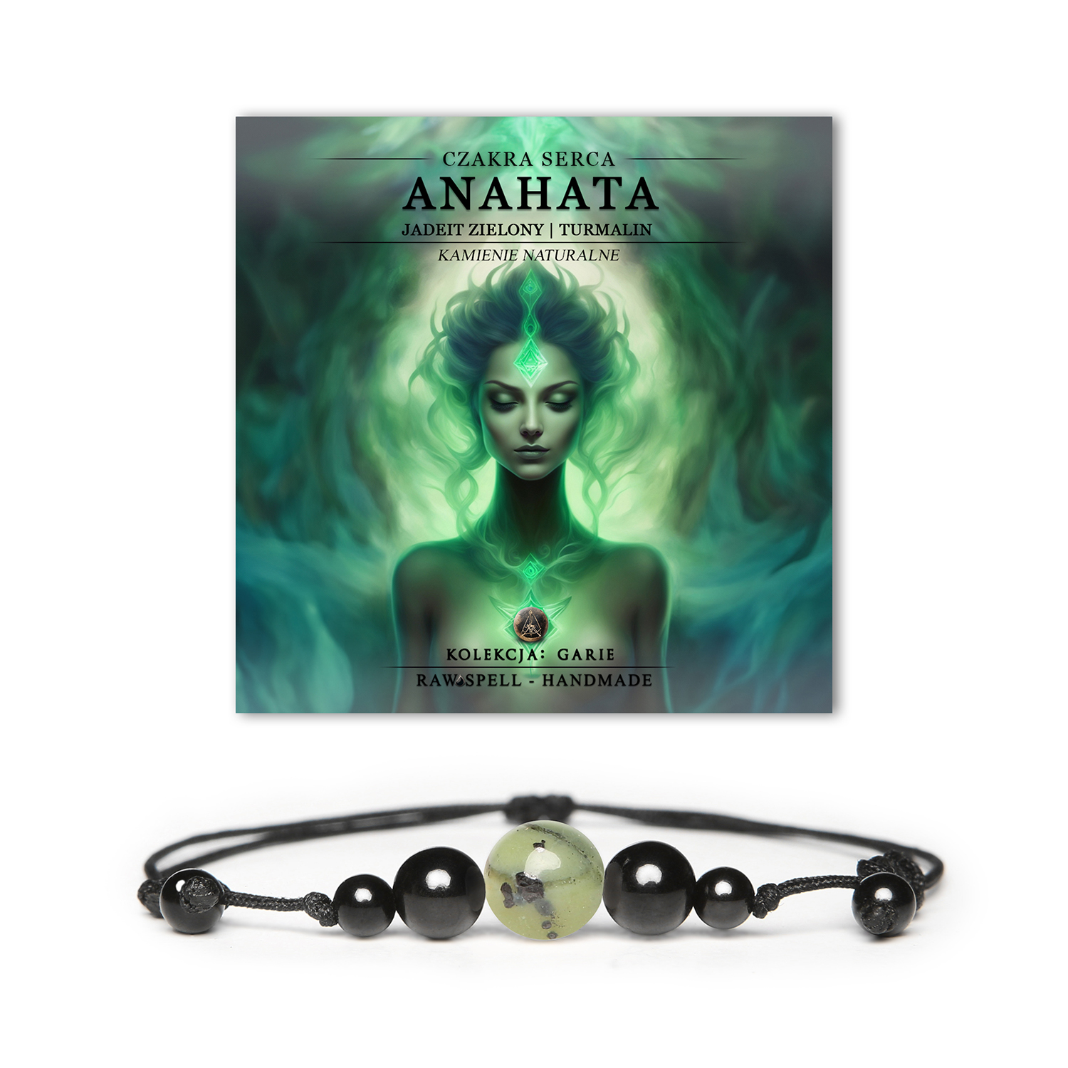 Bransoletka z naturalnych kamieni z czakrą serca Anahata, wykonana z zielonego jadeitu i turmalinu, z kolekcji Garie.