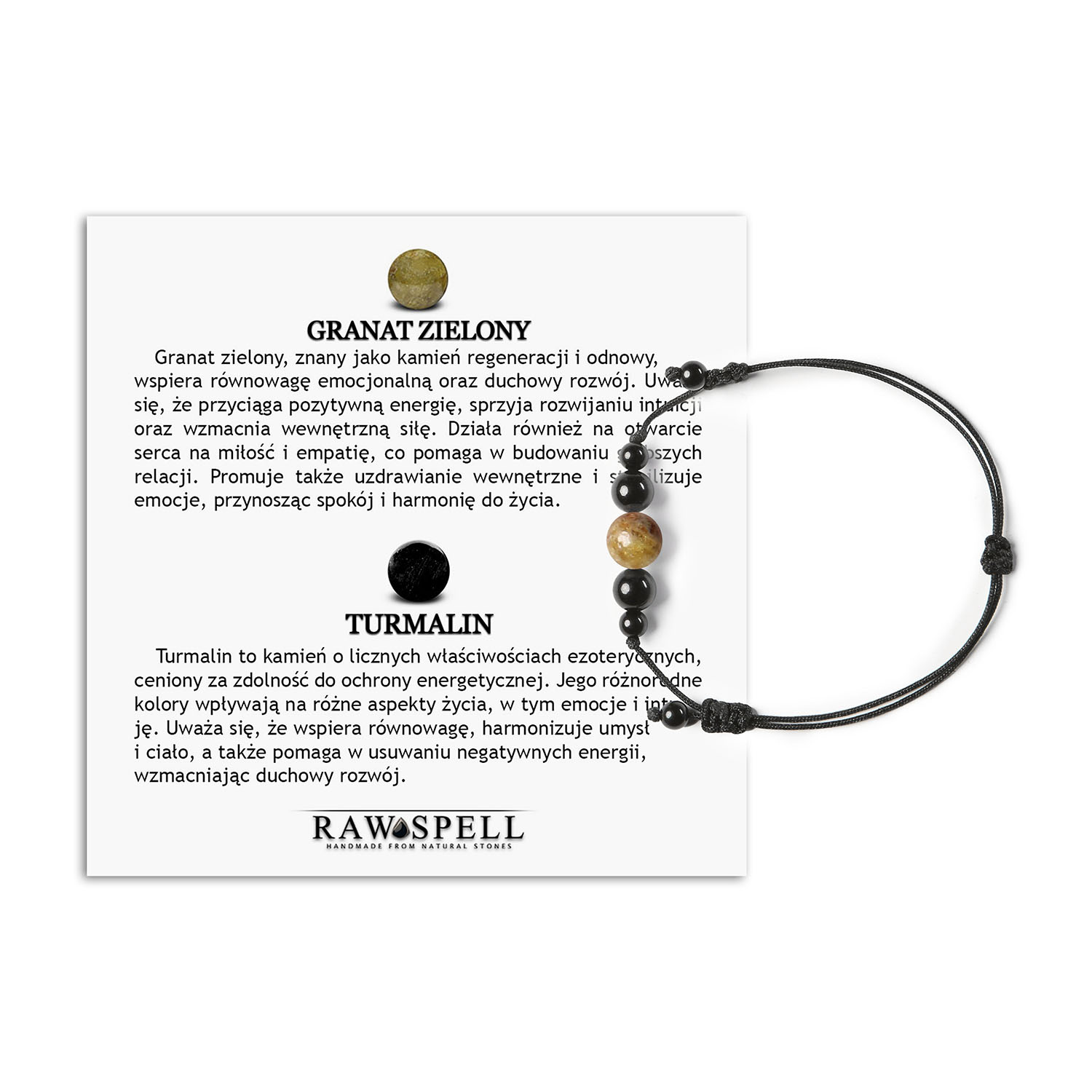 Granatowa bransoletka na sznurku z kolekcji Garie z zielonym turmalinem – idealna dla kobiet i mężczyzn Bransoletka Garie z naturalnych kamieni: granat zielony i turmalin, unisex, idealna na każdą okazję.