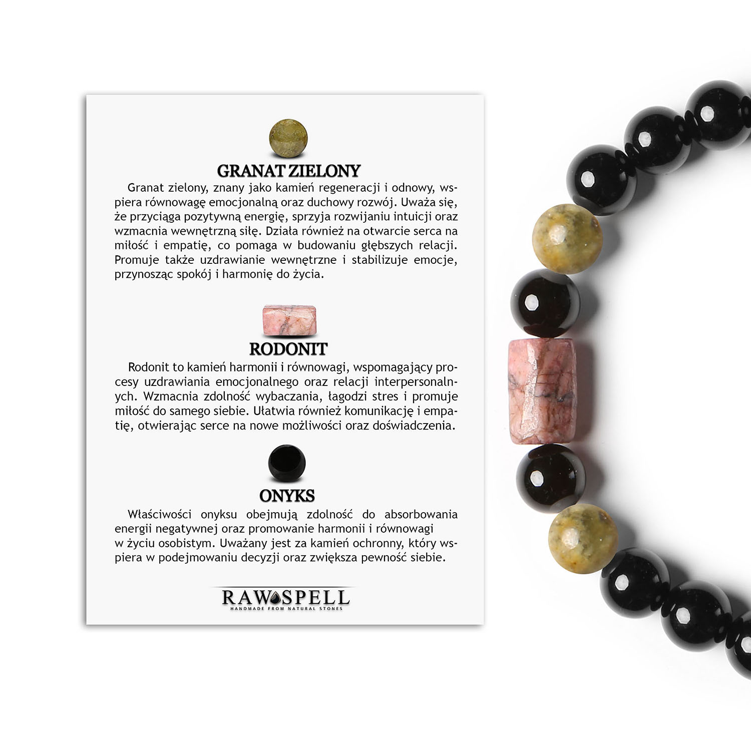 Granatowo-zielona bransoletka Laeri na gumce z rodonitem i onyksem, uniwersalna dla kobiet i mężczyzn Stylowa bransoletka z kolekcji Laeri, wykonana z naturalnych kamieni: zielonego granatu, rodonitu i onyksu. Idealna dla każdego.