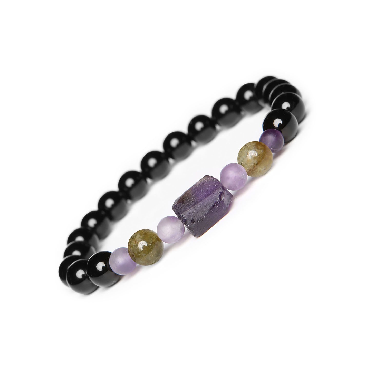 Granatowo-zielona bransoletka na gumce z kolekcji Kema, ozdobiona ametystem i onyksem, dla kobiet i mężczyzn Stylowa bransoletka z kolekcji Kema, ozdobiona zielonym granatem, ametystem i onyksem, unisex.