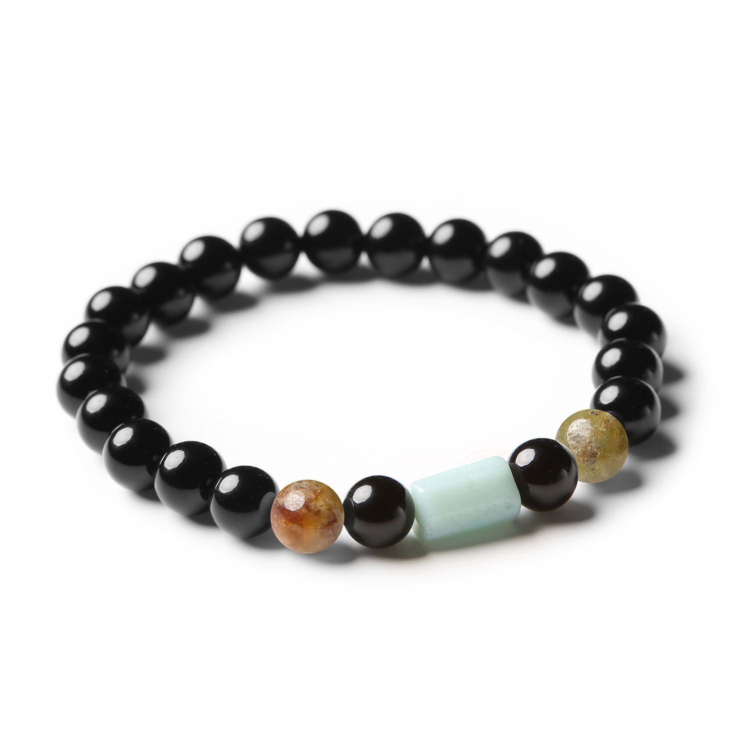 Bransoletka Laeri z naturalnymi kamieniami: zielony granat, amazonit i onyks - idealna dla kobiet i mężczyzn.