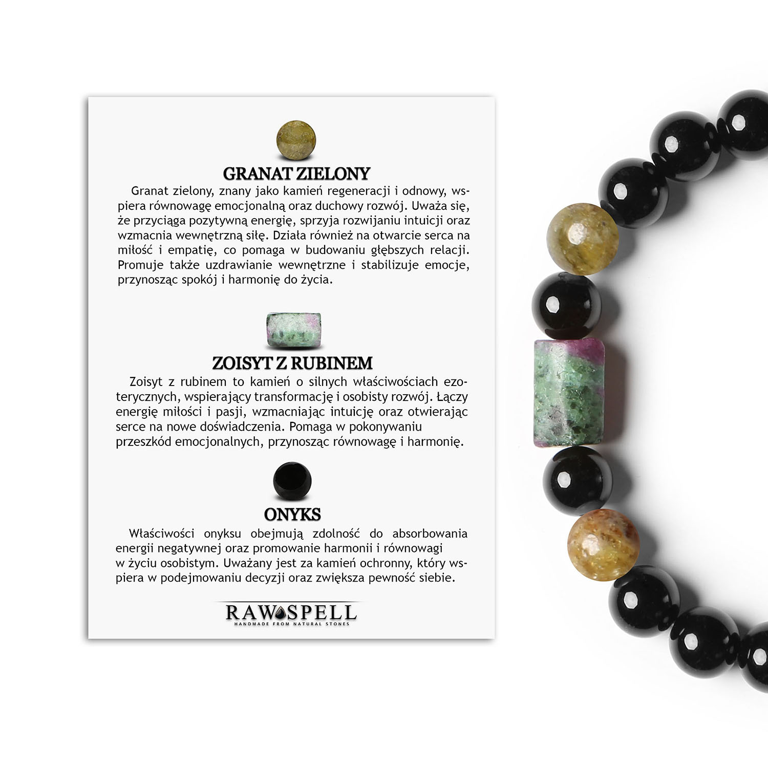 Granatowo-zielona bransoletka na gumce z kolekcji Laeri, ozdobiona zoisytami z rubinem oraz onyksem, dla kobiet i mężczyzn Stylowa bransoletka z kolekcji Laeri, ozdobiona naturalnymi kamieniami - granatem zielonym, zoisitą z rubinem oraz onyksem. Uniwersalna biżuteria dla kobiet i mężczyzn.