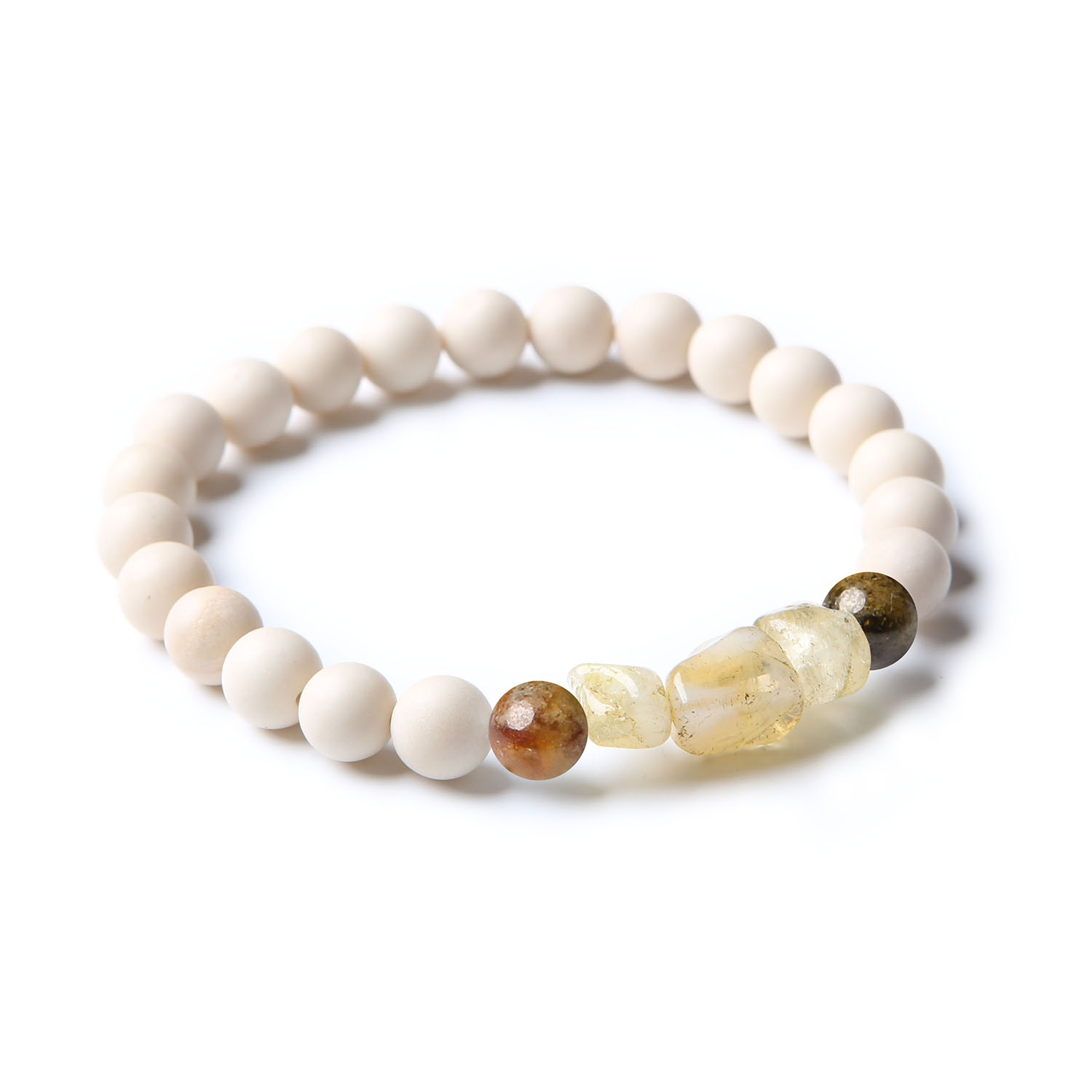 Stylowa bransoletka wykonana z naturalnych kamieni: granatu zielonego, cytrynu oraz kamienia rzecznego, dostępna w kolekcji Cymiri.