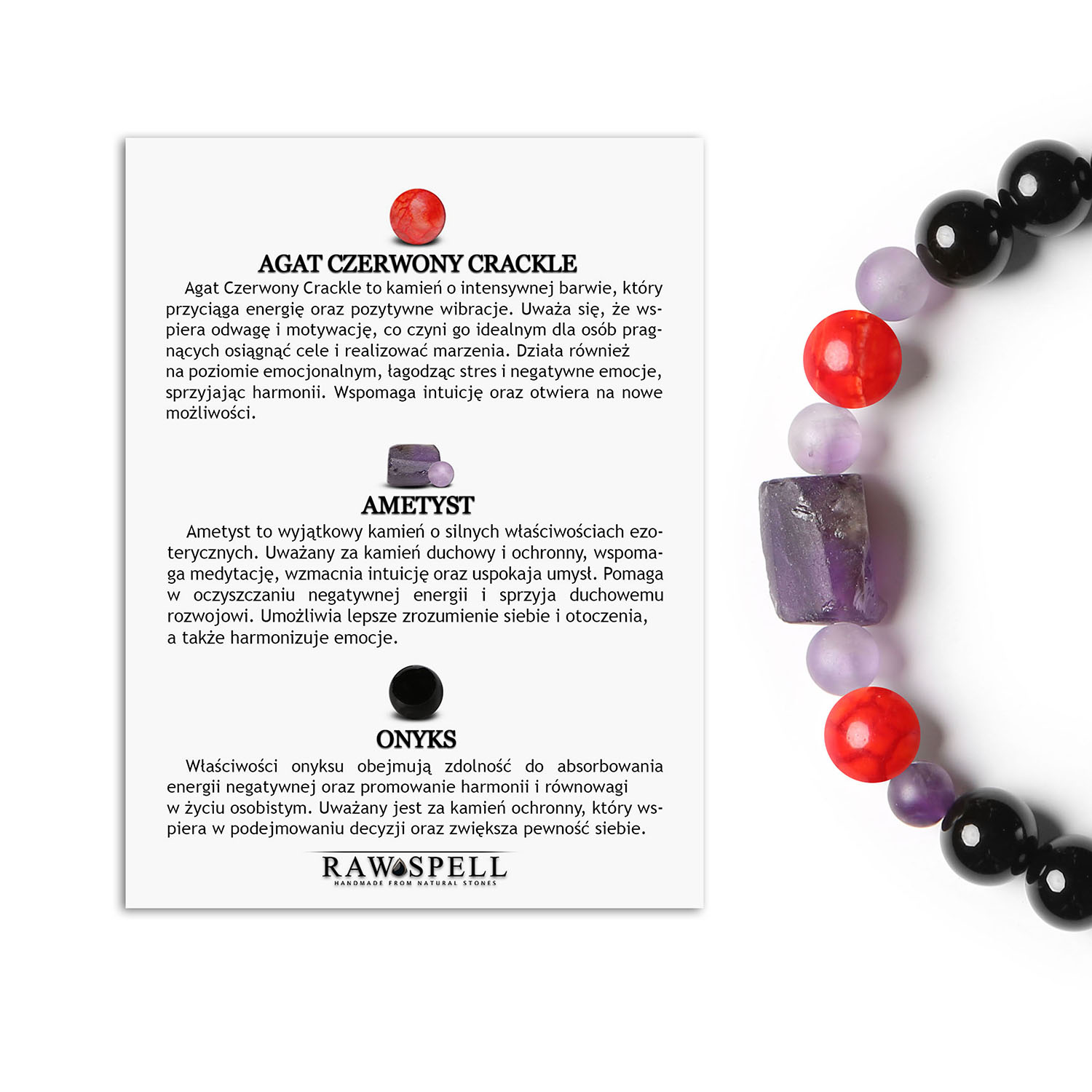 Gumowa bransoletka Kema z Agatem Czerwonym Crackle, Ametystem i Onyksami – unikalny wybór dla kobiet i mężczyzn Bransoletka Kema z naturalnymi kamieniami: Czerwony Agat Crackle, Ametyst i Onyks, doskonała dla kobiet i mężczyzn.