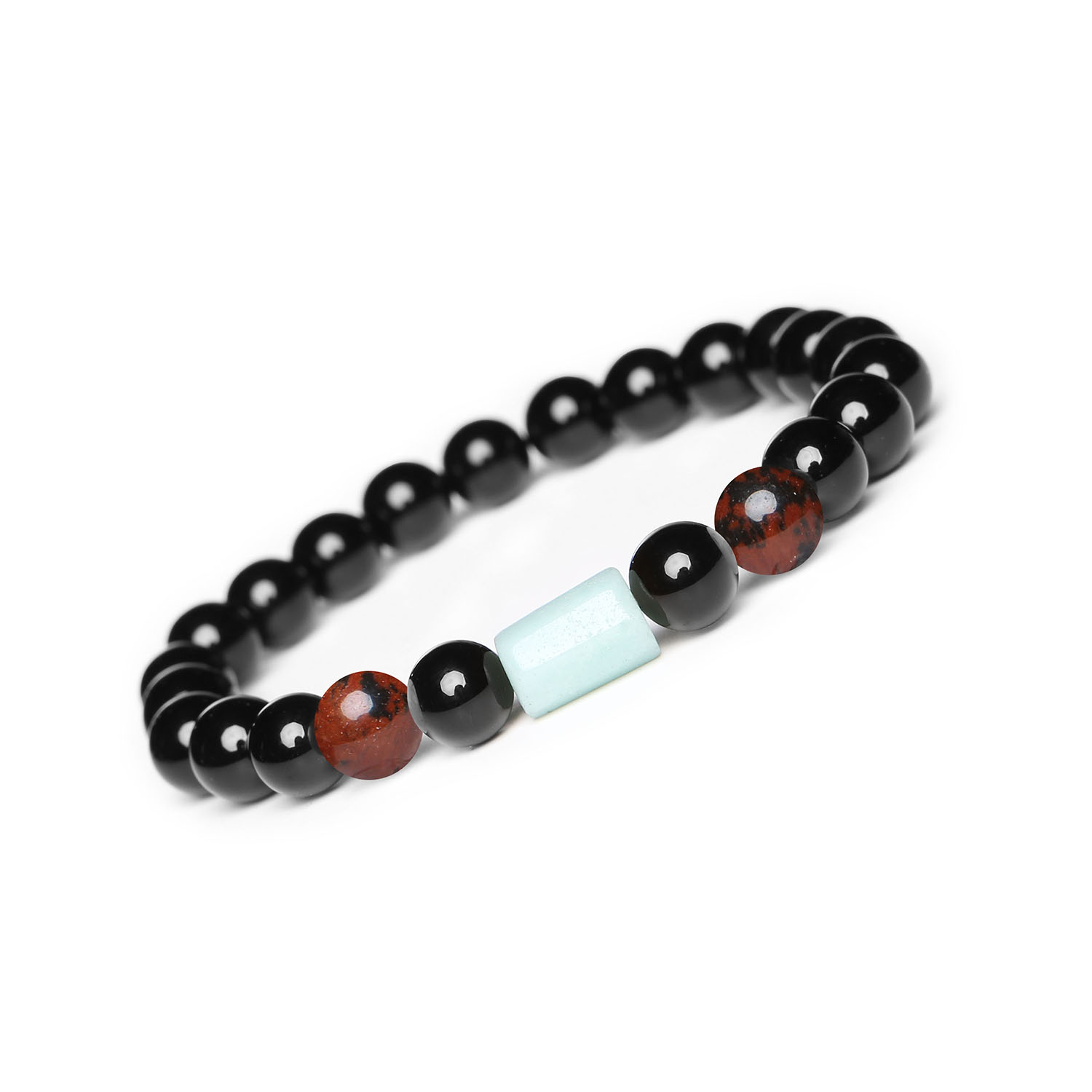 Gumowa bransoletka Laeri z obsydianem brązowym, amazonitem i onyksami dla każdego Elegancka bransoletka Laeri z kamieniami naturalnymi: obsydian brązowy, amazonit i onyks, przeznaczona dla kobiet i mężczyzn.