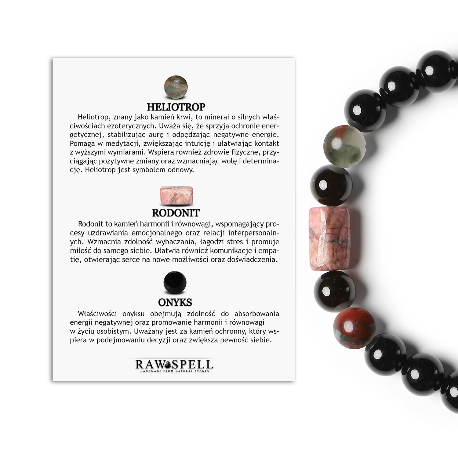 Heliotrop, Rodonit i Onyks - Bransoletka na gumce z kolekcji Laeri dla każdego Elegancka bransoletka Laeri wykonana z naturalnych kamieni heliotropu, rodonitu i onyksu, idealna dla kobiet i mężczyzn.