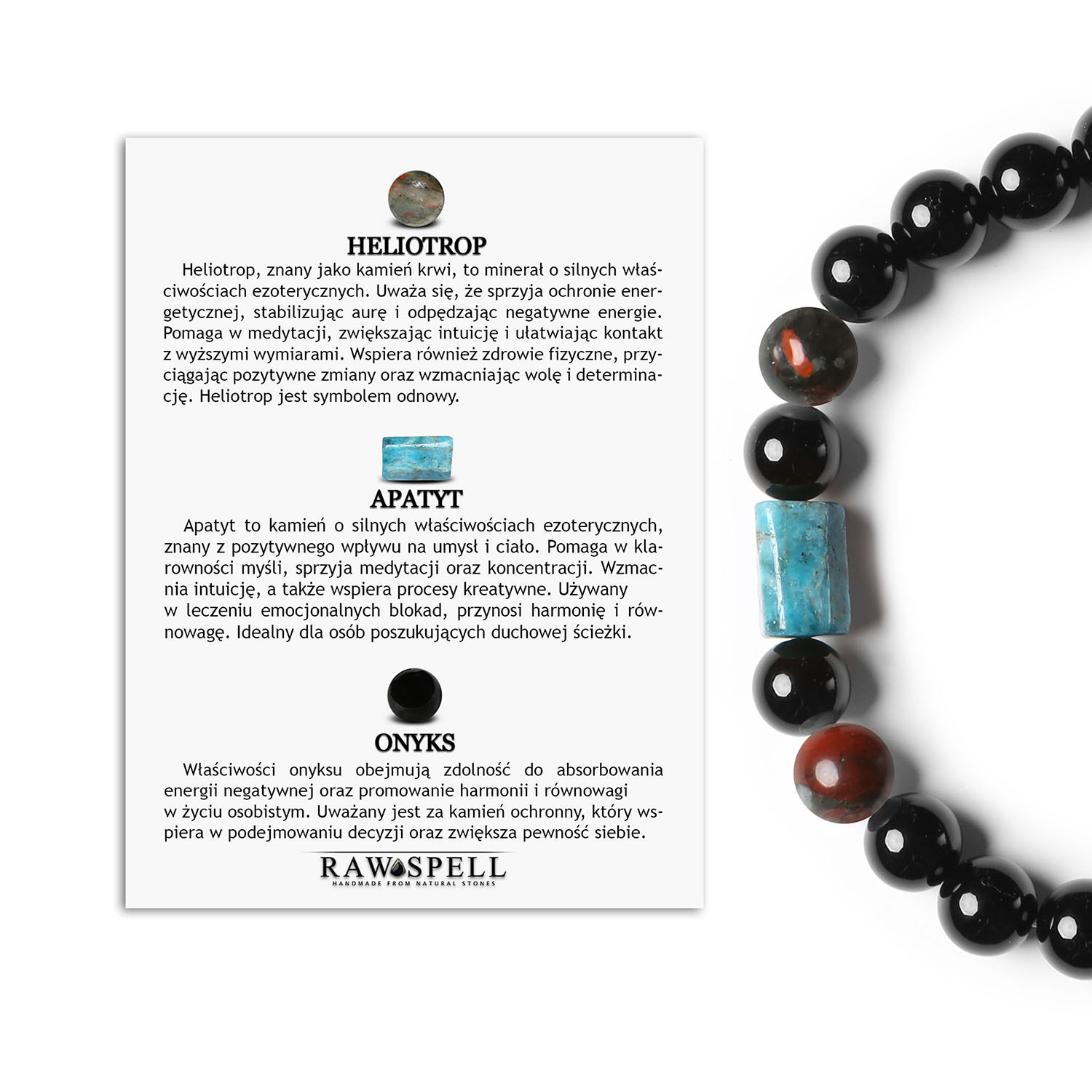 Heliotropowa bransoletka na gumce z kolekcji Laeri, ozdobiona Apatytem i Onyksami, idealna dla Kobiet i Mężczyzn Bransoletka Laeri z naturalnych kamieni: heliotrop, apatyt i onyks, idealna dla kobiet i mężczyzn.